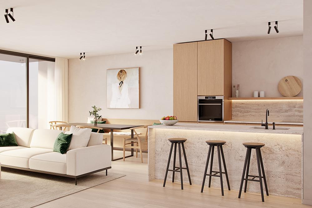 Interieur woonkamer en keuken appartement \\\'t Strand 