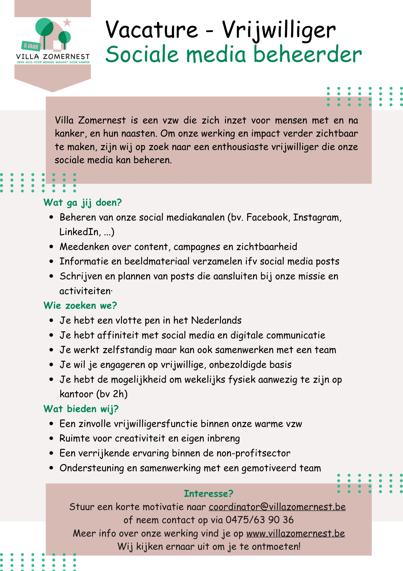 Vacature vrijwilliger bij Villa Zomernest